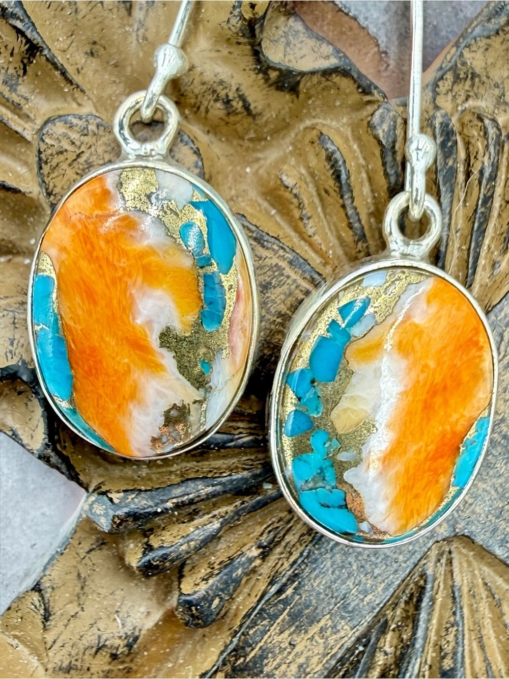 Sterling Spiny Oyster Turquoise Inlay Earring Southwestern Dangle Bohemian Style